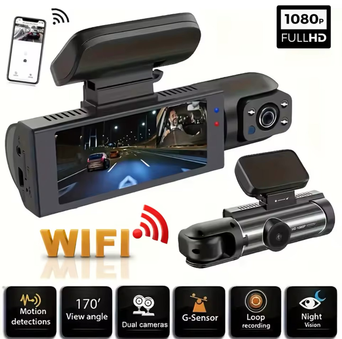 1080P WIFI Dual camera Dash Cam for cars,Front And Inside,car camera with IR Night Vision